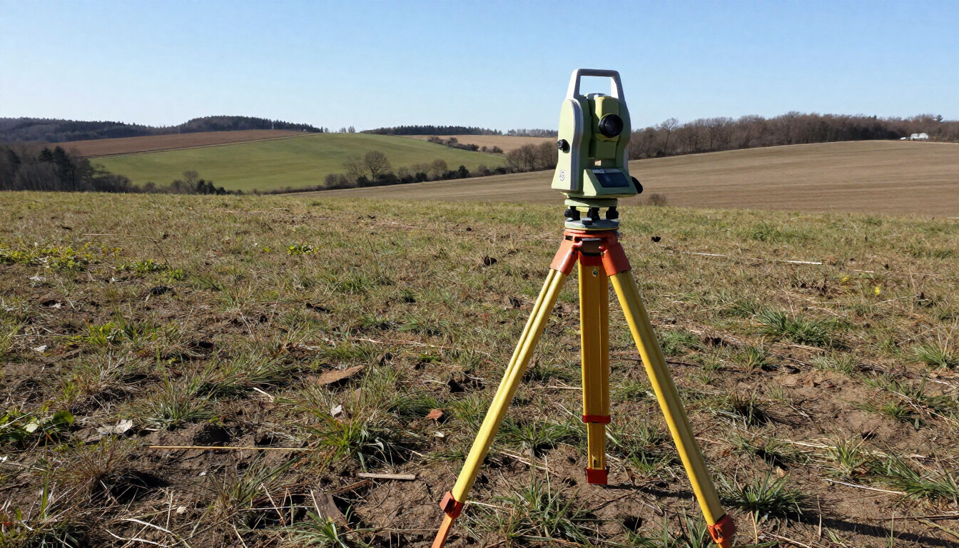 Surveying tripod with instrument in a plowed field under a clear sky