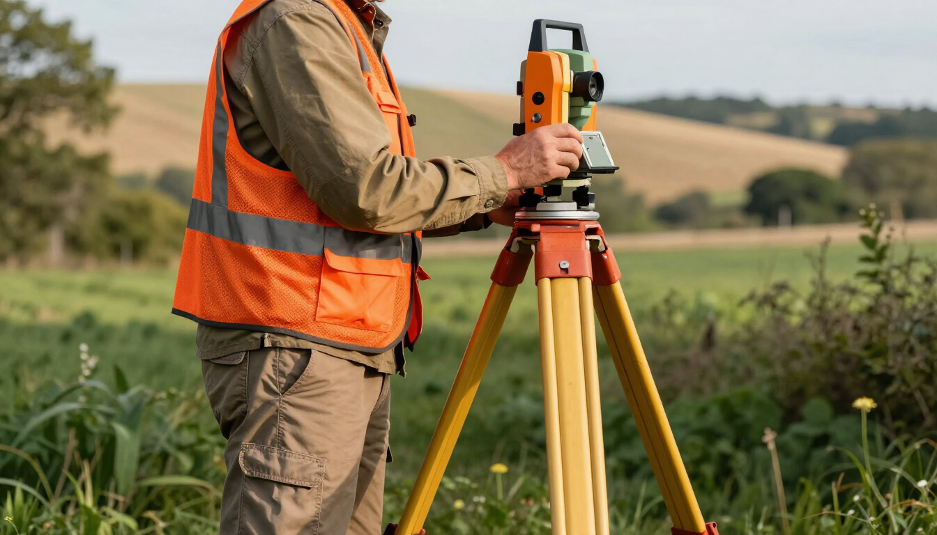 Surveyor in orange vest using a tripod-mounted instrument in a rural field