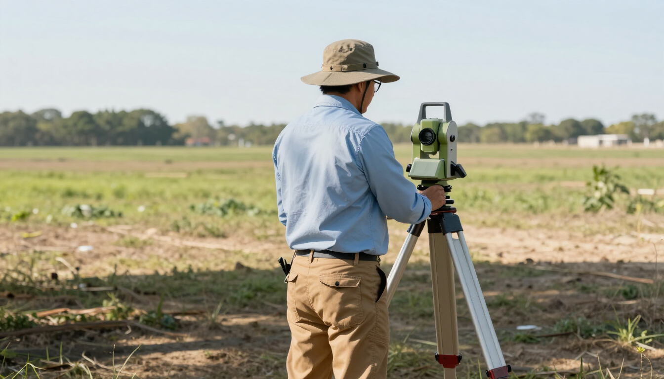 Surveyor using a tripod-mounted instrument in a field under clear skies