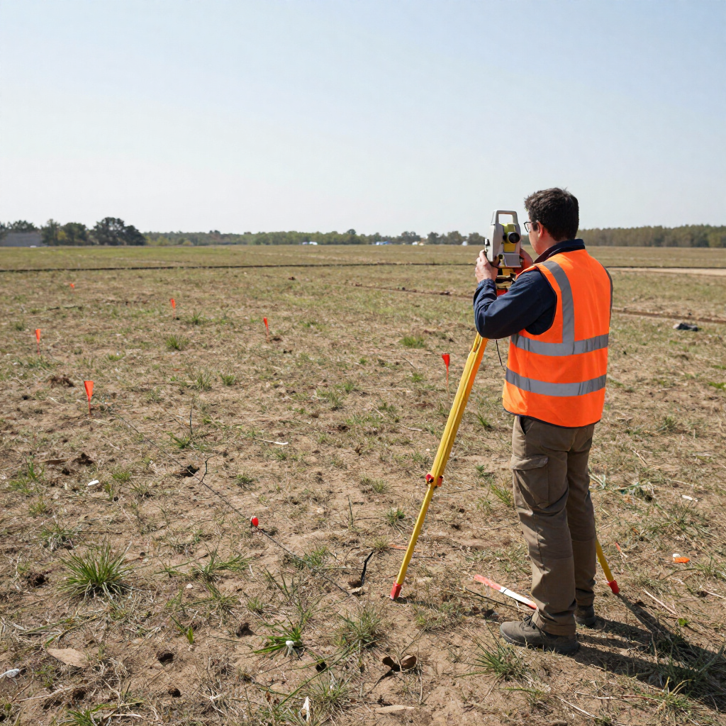 Survey worker in orange safety vest using a tripod-mounted instrument in a dry field