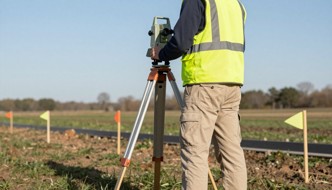 Surveyor in a yellow safety vest using a tripod-mounted instrument in a field