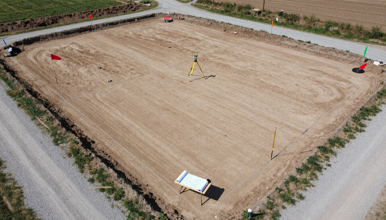 Aerial view of a large dirt construction site bordered by gravel roads, with survey markers and equipment.