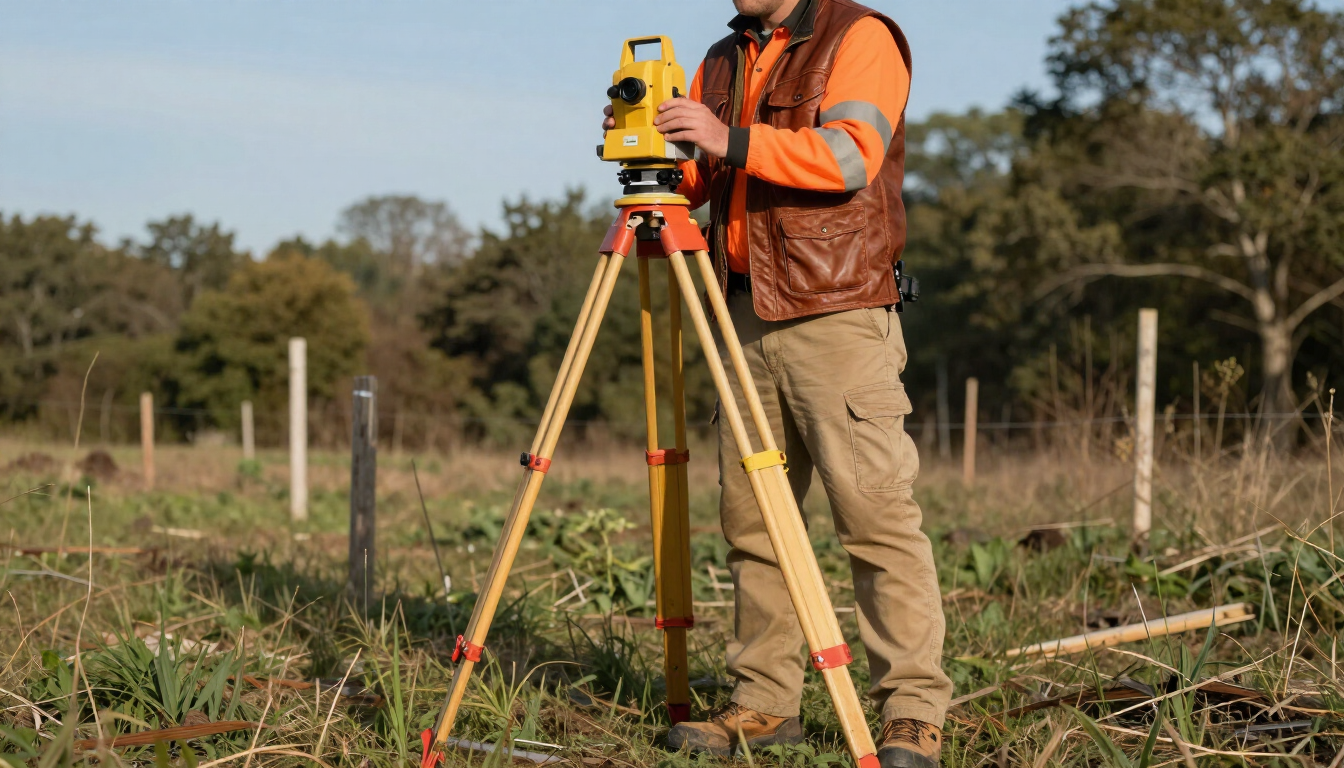 Surveyor in orange vest using a tripod-mounted instrument in a grassy field