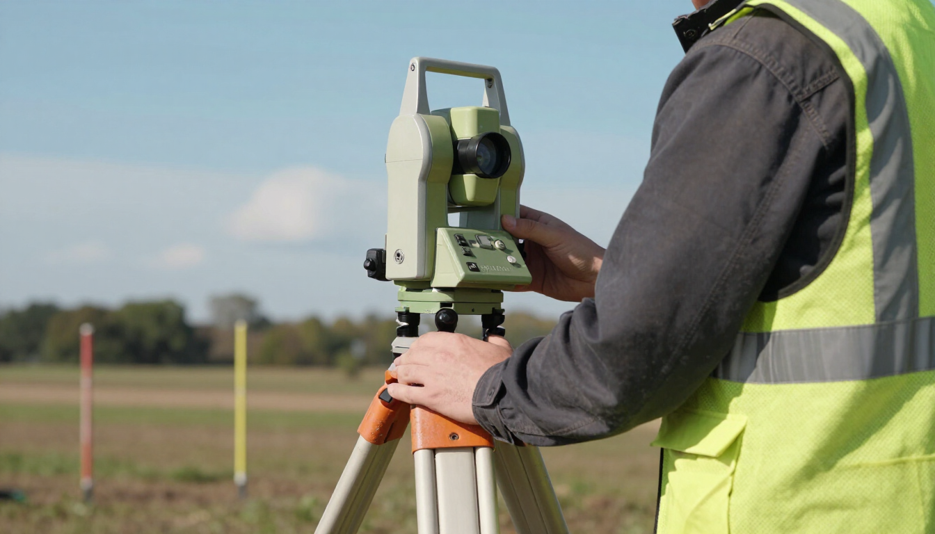 Surveyor using a tripod-mounted theodolite in a field, wearing a high-visibility vest.