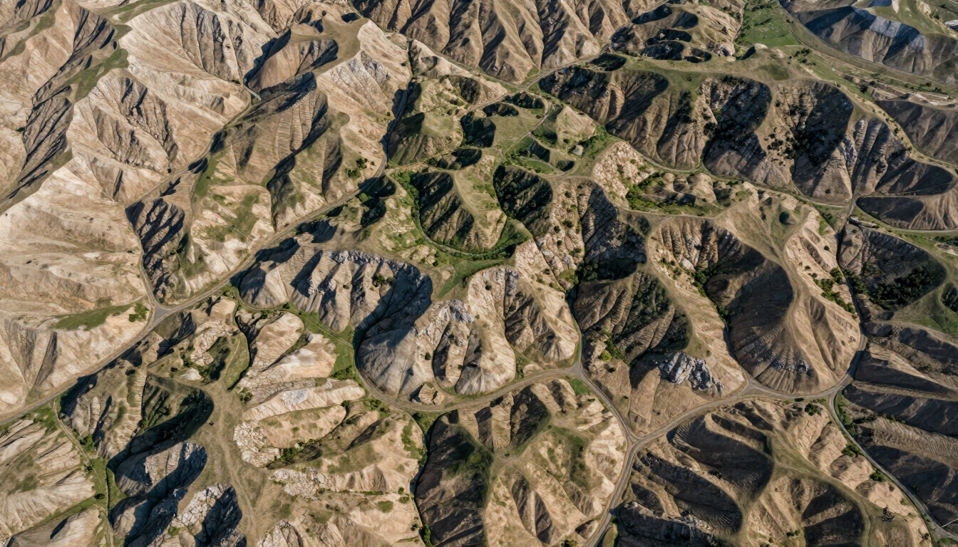 Aerial view of rugged, sunlit mountain ridges with deep green-brown slopes and valleys.