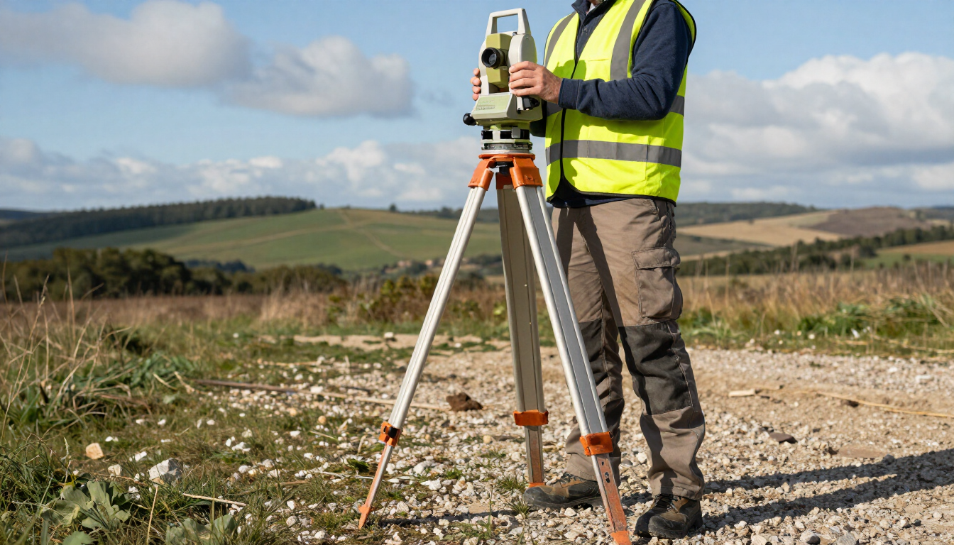 Surveyor using a tripod-mounted instrument on a gravel road in a rural field under a cloudy sky