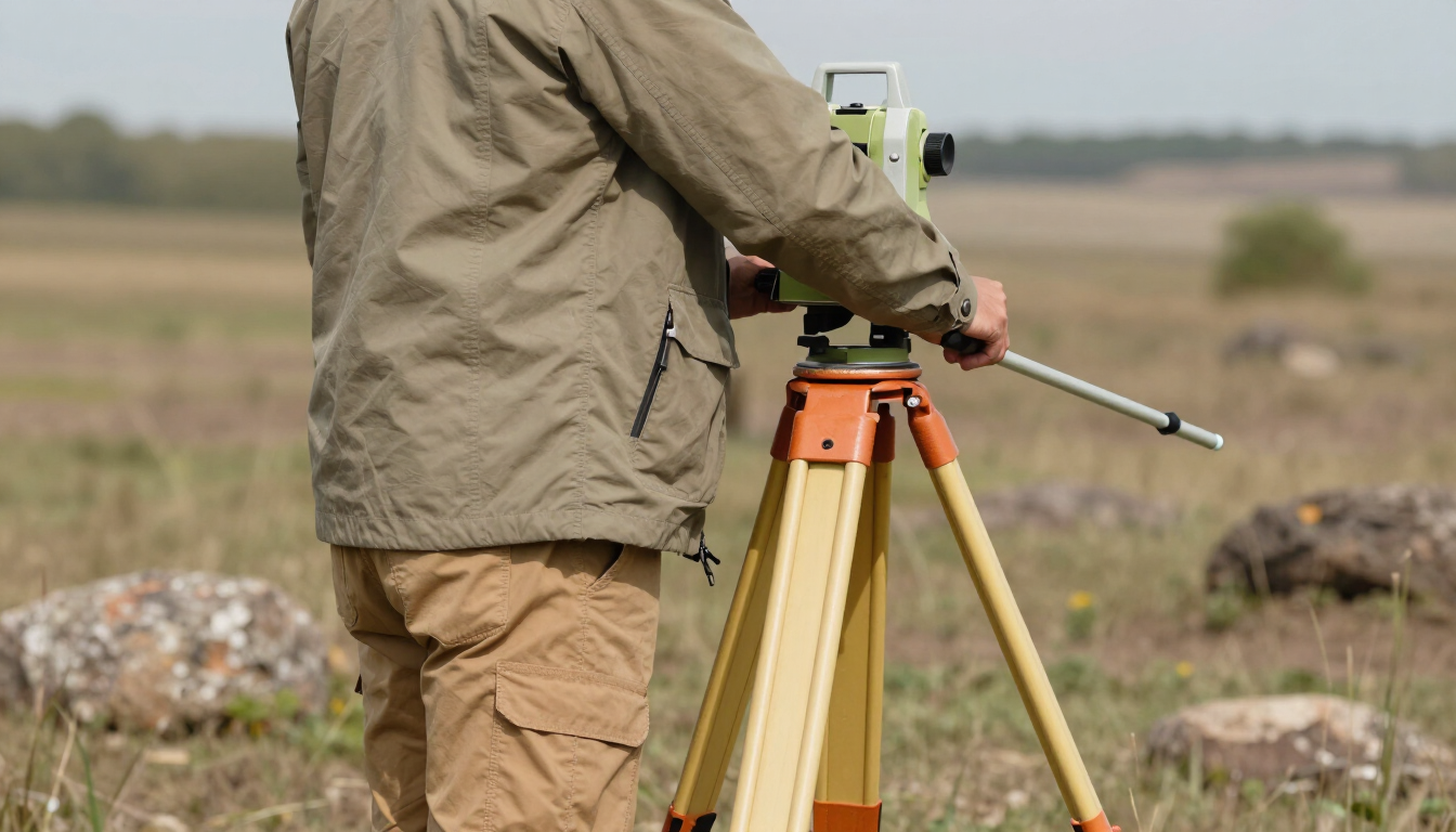Surveyor in tan jacket using a tripod-mounted instrument in an open field