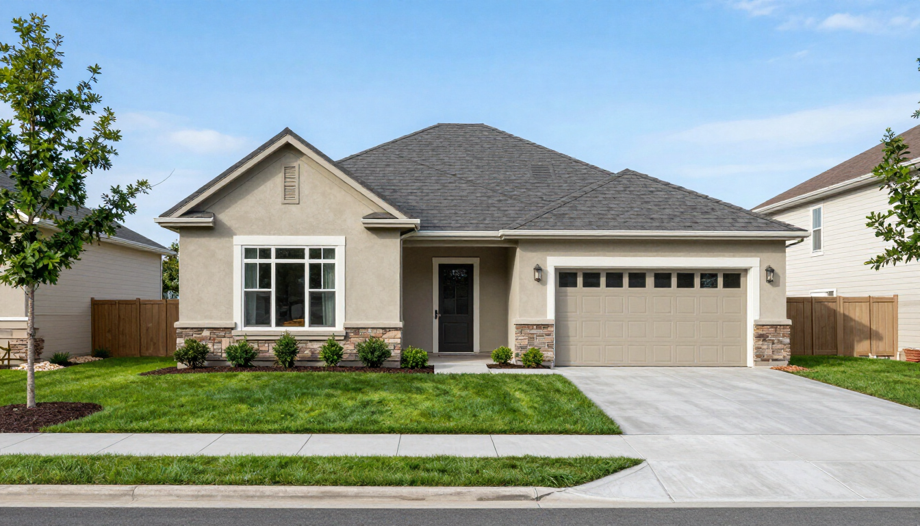 Single-story suburban house with beige exterior, gray roof, two-car garage, and a green front lawn