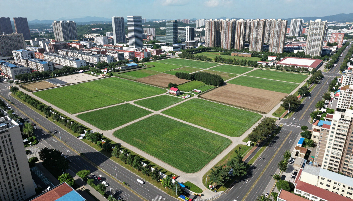 Aerial view of a large green park with walking paths, surrounded by roads and apartment buildings.