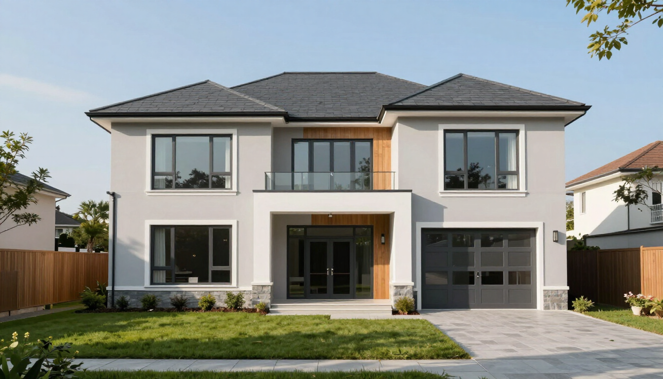 Modern two-story white house with a gray roof, black trim, and a double garage in a suburban neighborhood