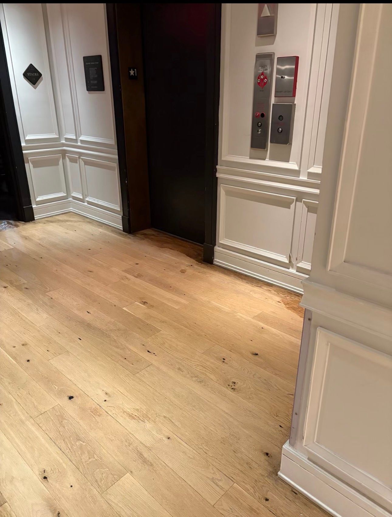 Elegant hallway with light wood floor, white paneled walls, and dark elevator doors