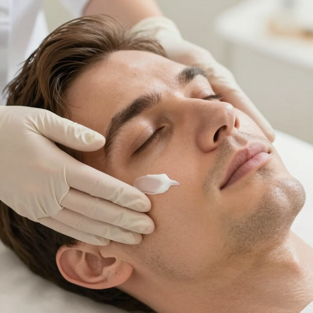 A person in gloves applying cream to another person's cheek during a professional facial treatment.