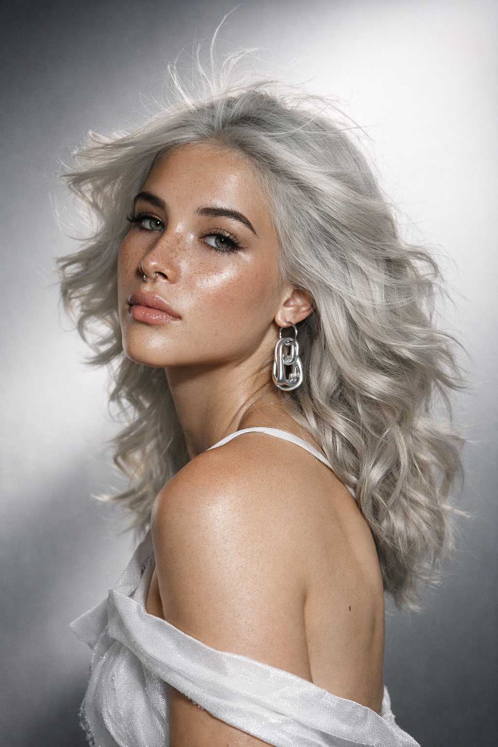 Vrouw met lichtblond haar, asymmetrisch komkapsel, lichte huid en neutrale uitdrukking.