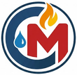 Logo circolare blu con una M rossa, una fiamma arancione e una goccia d'acqua blu.