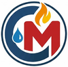 Logo circolare blu e bianco con una M rossa, una fiamma gialla e una goccia d'acqua blu.