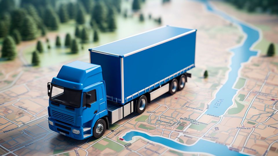 A blue toy truck is driving on a map.