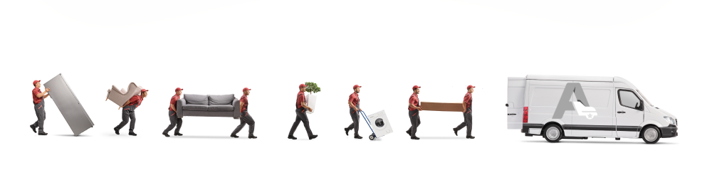 A group of people are carrying furniture in front of a van.
