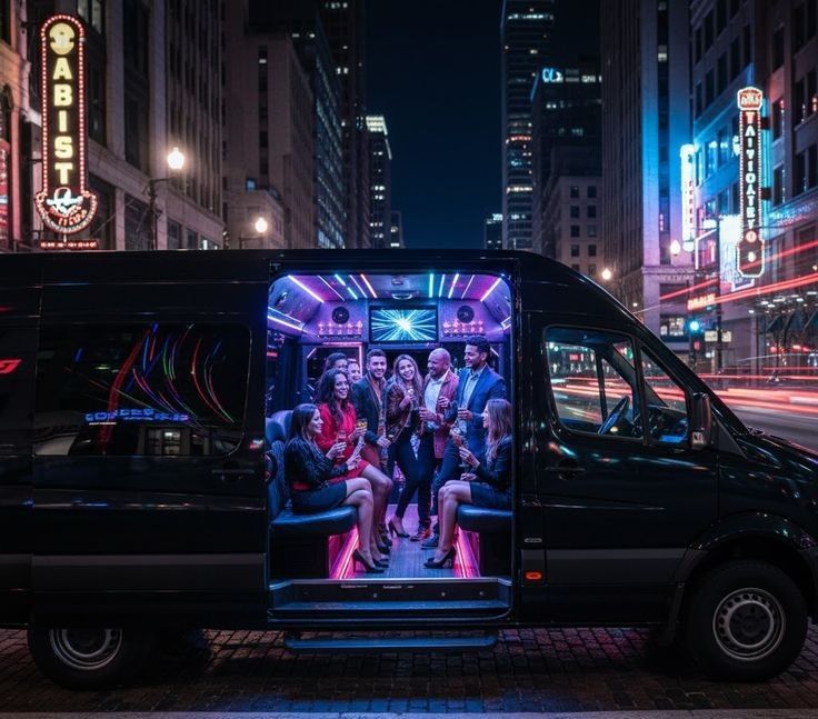 Black van with open side door showing neon-lit passengers on a city street at night
