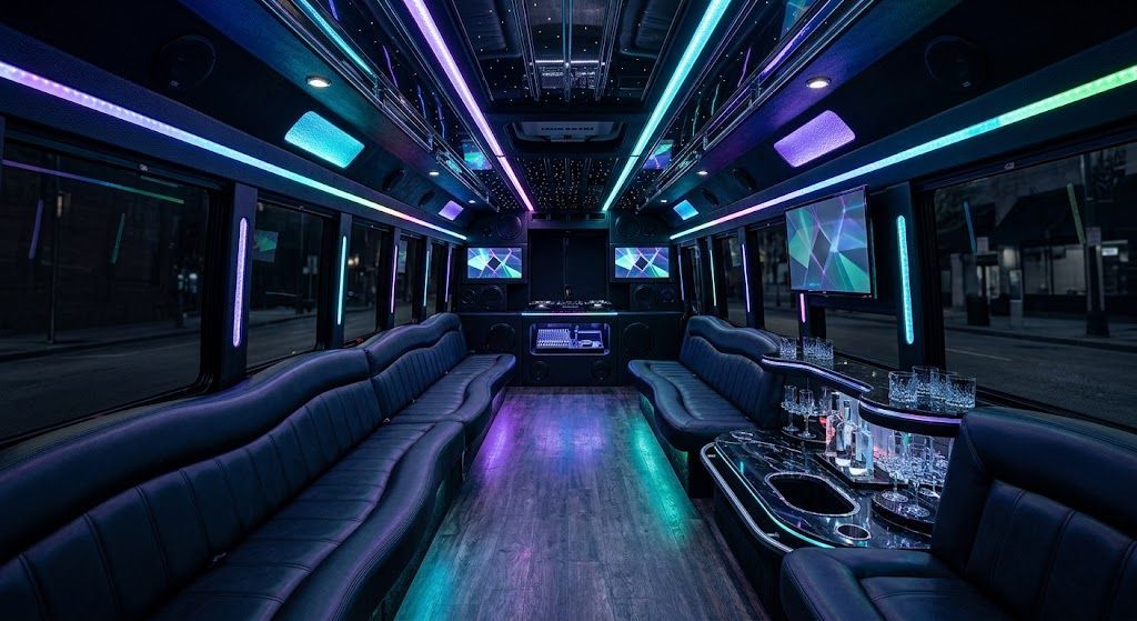 Dim luxury limousine interior with blue-purple LED lighting and leather seating