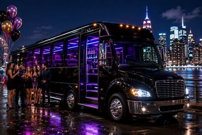 Black limousine party bus with purple lights parked at night by a city skyline, balloons beside it