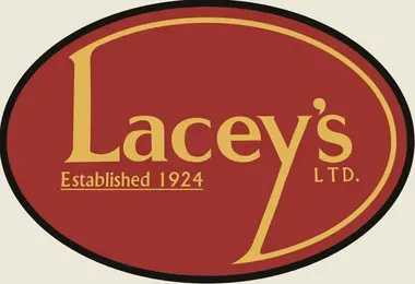Lacey's LTD. logo, oval shape, burgundy background, gold lettering,