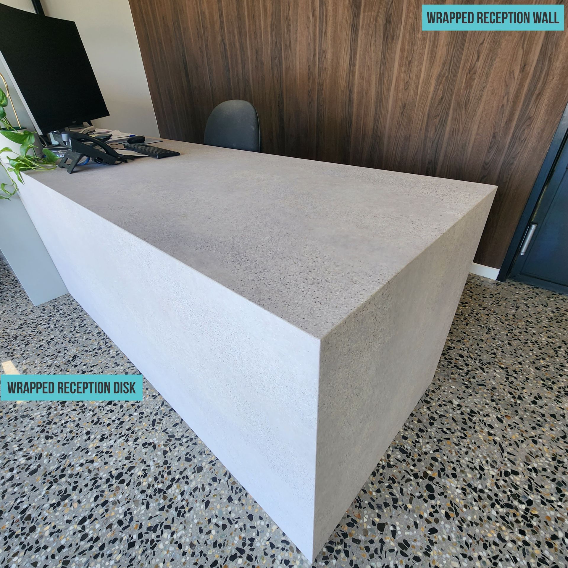 wrapped desk and wall