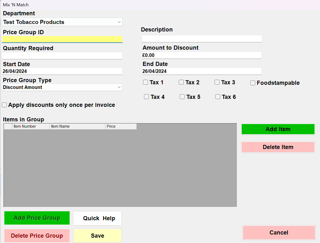 A computer screen that says apply discount only once per invoice