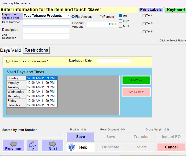 A computer screen that says enter information for the item and touch save
