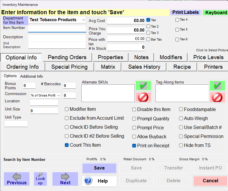 A computer screen that says enter information for the item and touch save