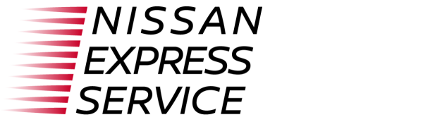 Logotipo de Nissan Express Service con texto negro y líneas rojas de velocidad sobre un fondo blanco.