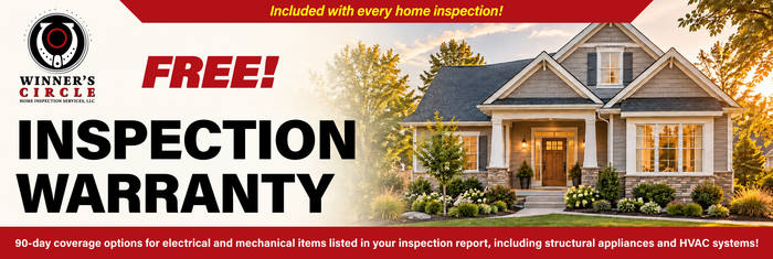 Real estate promo for “Protection Beyond Inspection Day” with a house and roof icon on a white background