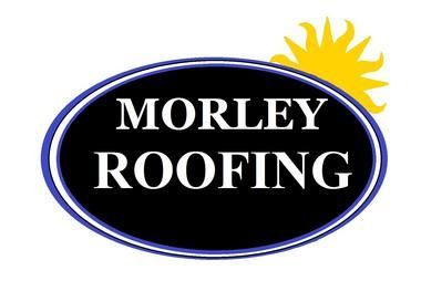 A logo for morley roofing with a sun in the background