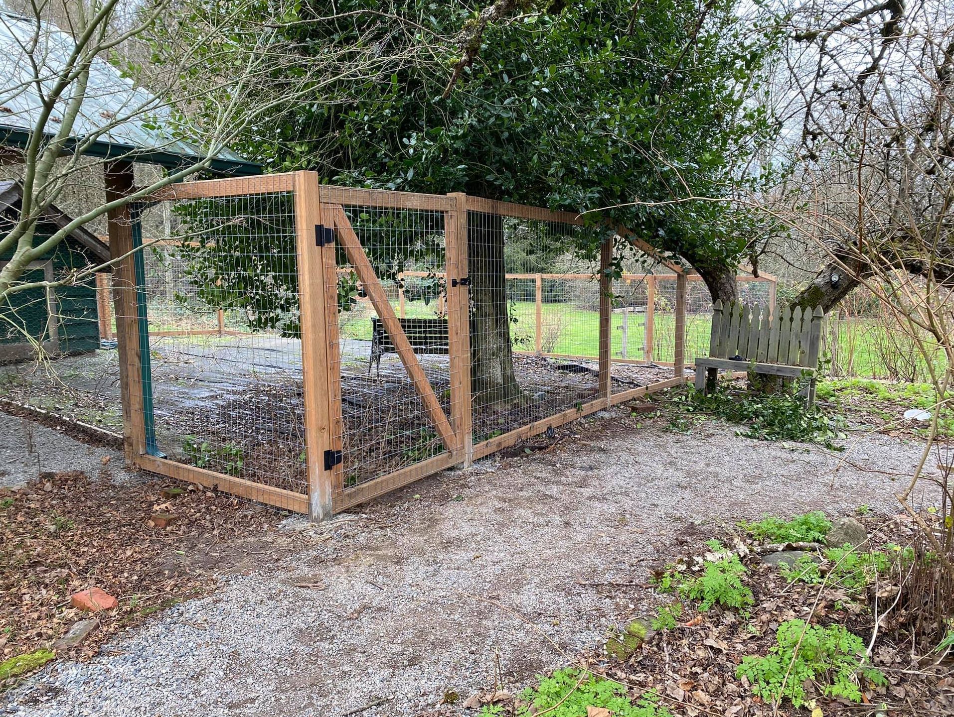A wooden fence with a gate is surrounded by trees and gravel.