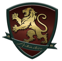 Emblem of a golden lion on a red shield, with dark green border and ribbon reading 