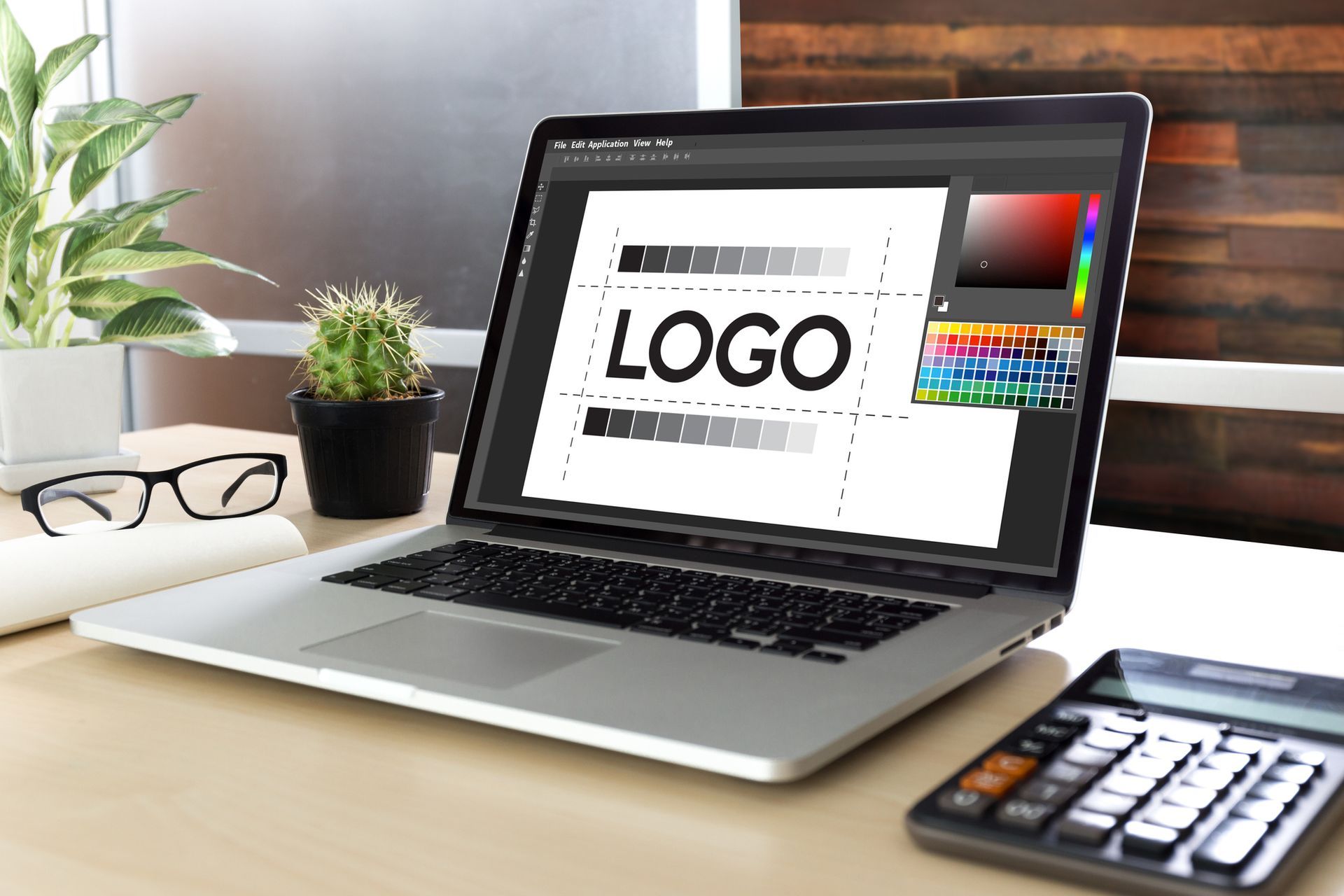 Laptop displaying logo design, color palette, and a calculator on a desk with plants and glasses.
