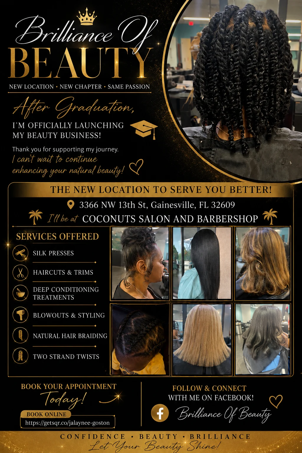 Beauty salon promo poster with braided updo styles, service list, and before-and-after hair photos