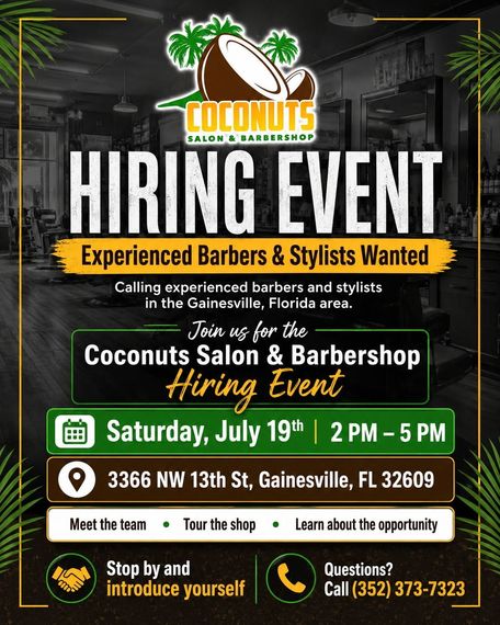 Hiring event flyer for Coconuts Salon & Barbershop, Saturday July 19, 2–5 PM, Gainesville, FL 32609