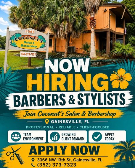 Now hiring barbers and stylists for Coconut’s Salon & Barbershop, with application details and contact info.