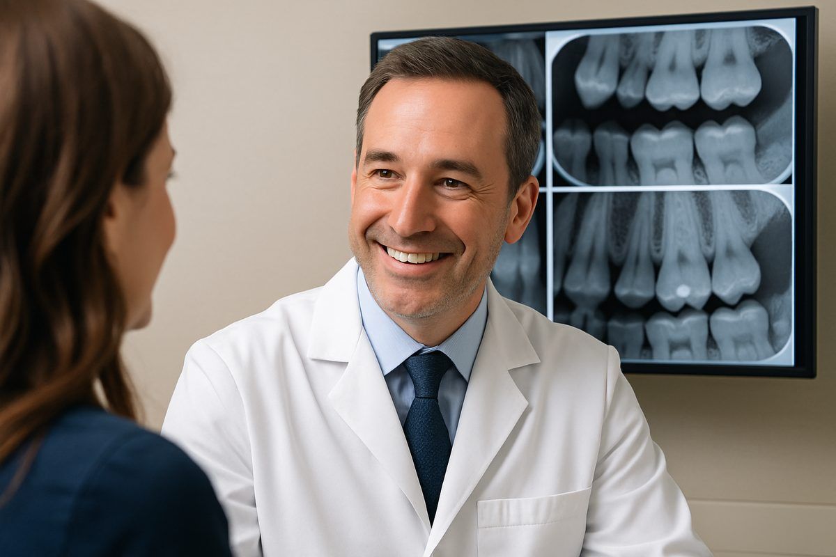 A friendly periodontist in Greenwich, CT, smiles reassuringly at a patient during a consultation, with digital X-rays displayed on a screen in the background. The image conveys trust and advanced dental care. No text on image.
