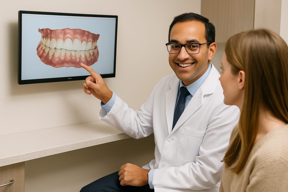 A friendly, professional periodontist in Greenwich, CT is consulting with a patient, pointing to a digital scan of the patient's mouth on a screen. No text on image.
