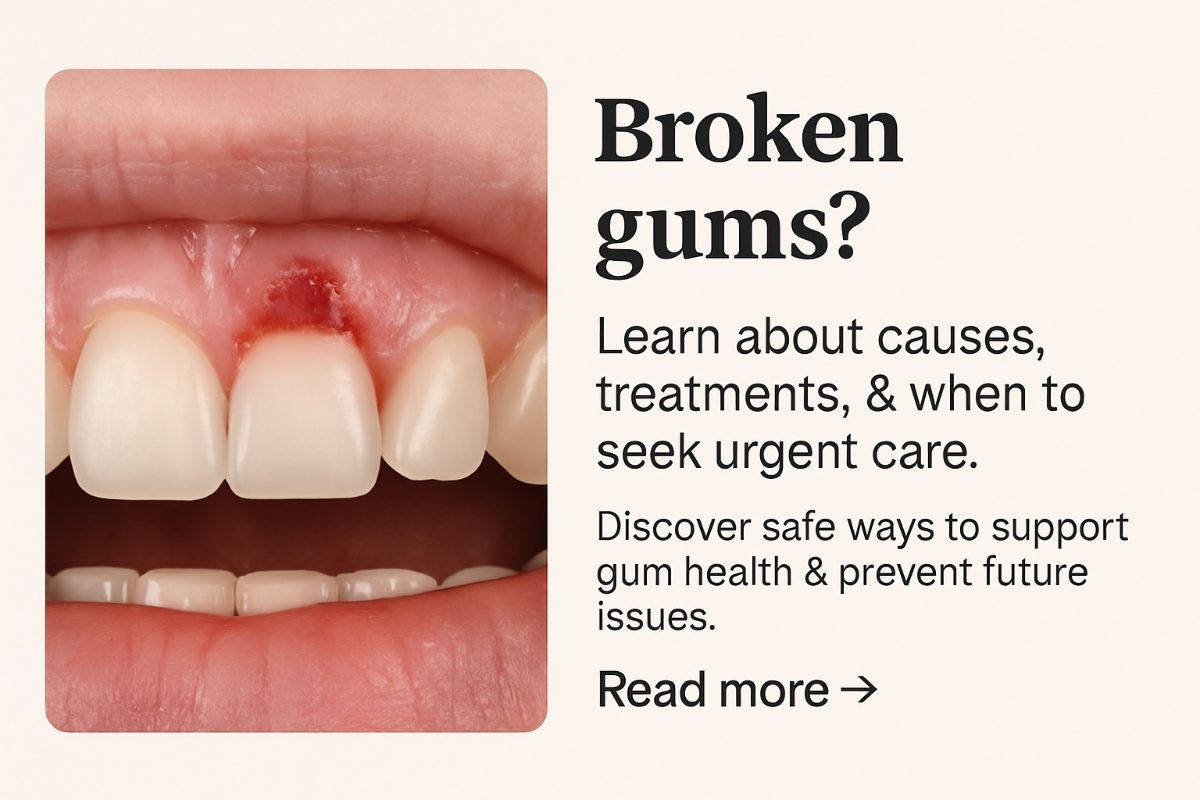 Close-up image of a person's gums with a visible tear or cut. The surrounding gum tissue is red and inflamed. The image should convey the discomfort and sensitivity associated with broken gums. No text on image.
