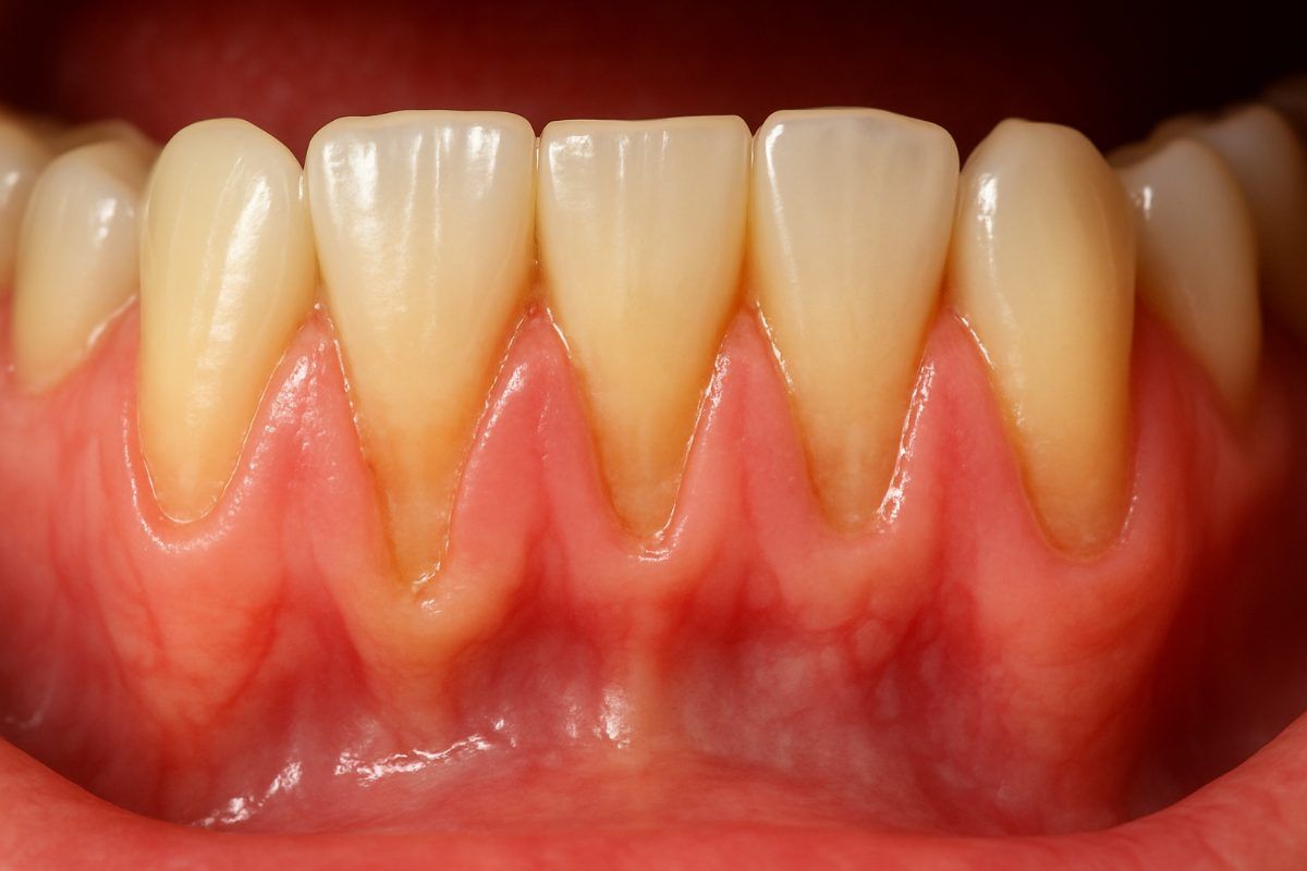 Photo of a dentist examining a patient's gums, with a focus on the gum line and teeth. The dentist is using a dental probe to gently check the gums. No text on the image.
