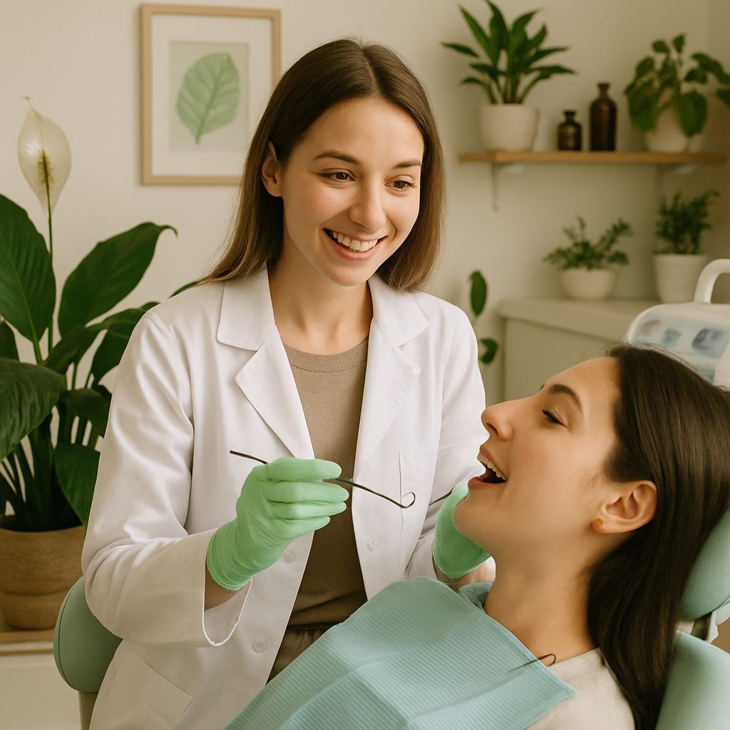 A dentist is pointing to an x-ray of a tooth highlighting the area affected by decay. The image contains the text 