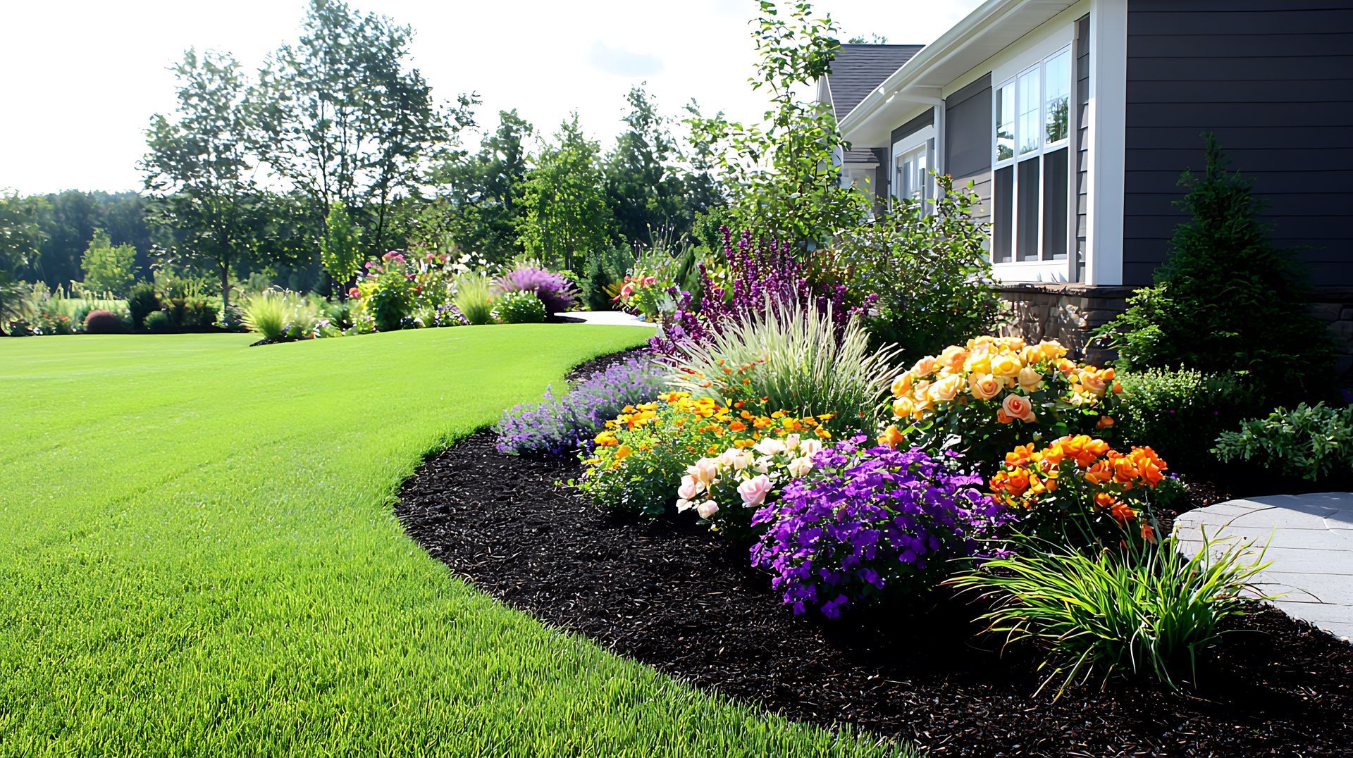 A vibrant garden bed with colorful flowers, edging a lush green lawn next to a house.