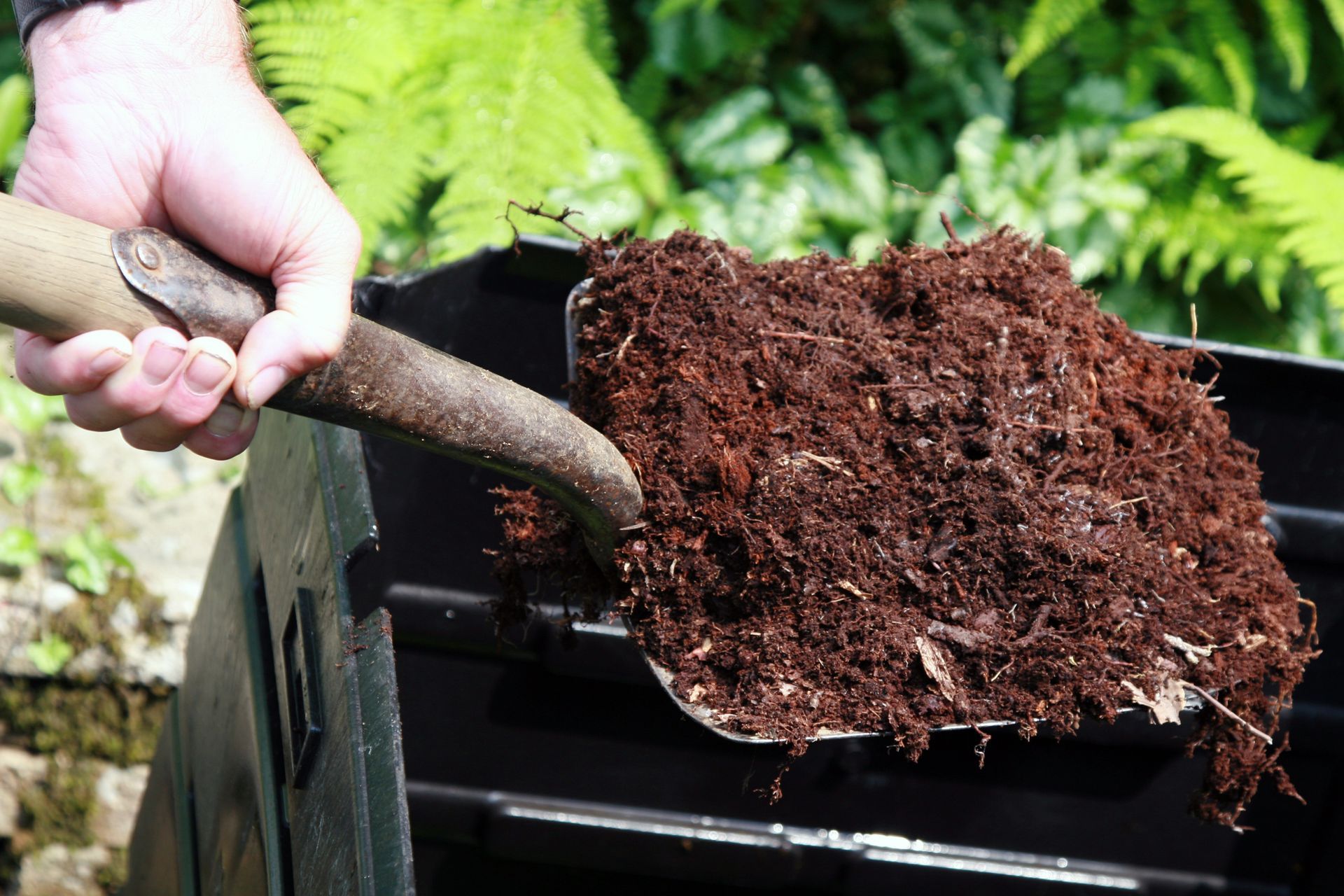 Hand shoveling dark, rich compost from a black bin in a garden setting.