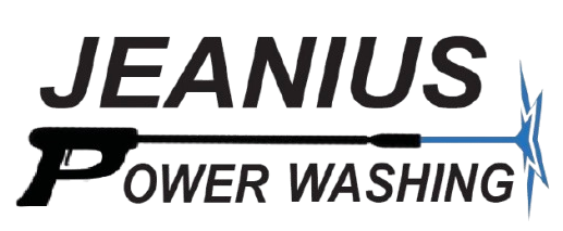 Jeanius Power Washing logo in black and blue with stylized water spray