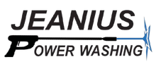 Jeanius Power Washing logo in black and blue with stylized water spray
