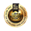 Gold-and-black “Voice Readers Choice” award seal, 1st Place 2025, for Best of Garland and Saline County