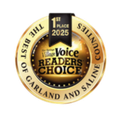 Gold-and-black “Voice Readers Choice” award seal, 1st Place 2025, for Best of Garland and Saline County