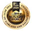 Gold circular “Voice Readers Choice” seal with “1st Place 2024” and “Best of Garland and Saline Counties” text